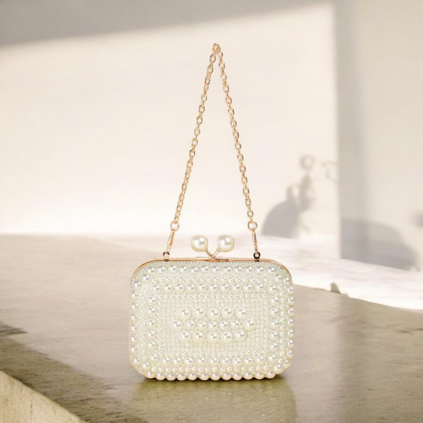 Opulent Pearl Beaded Kiss Lock White Suede Clutch Bag with All-Over Pearl Embellishment