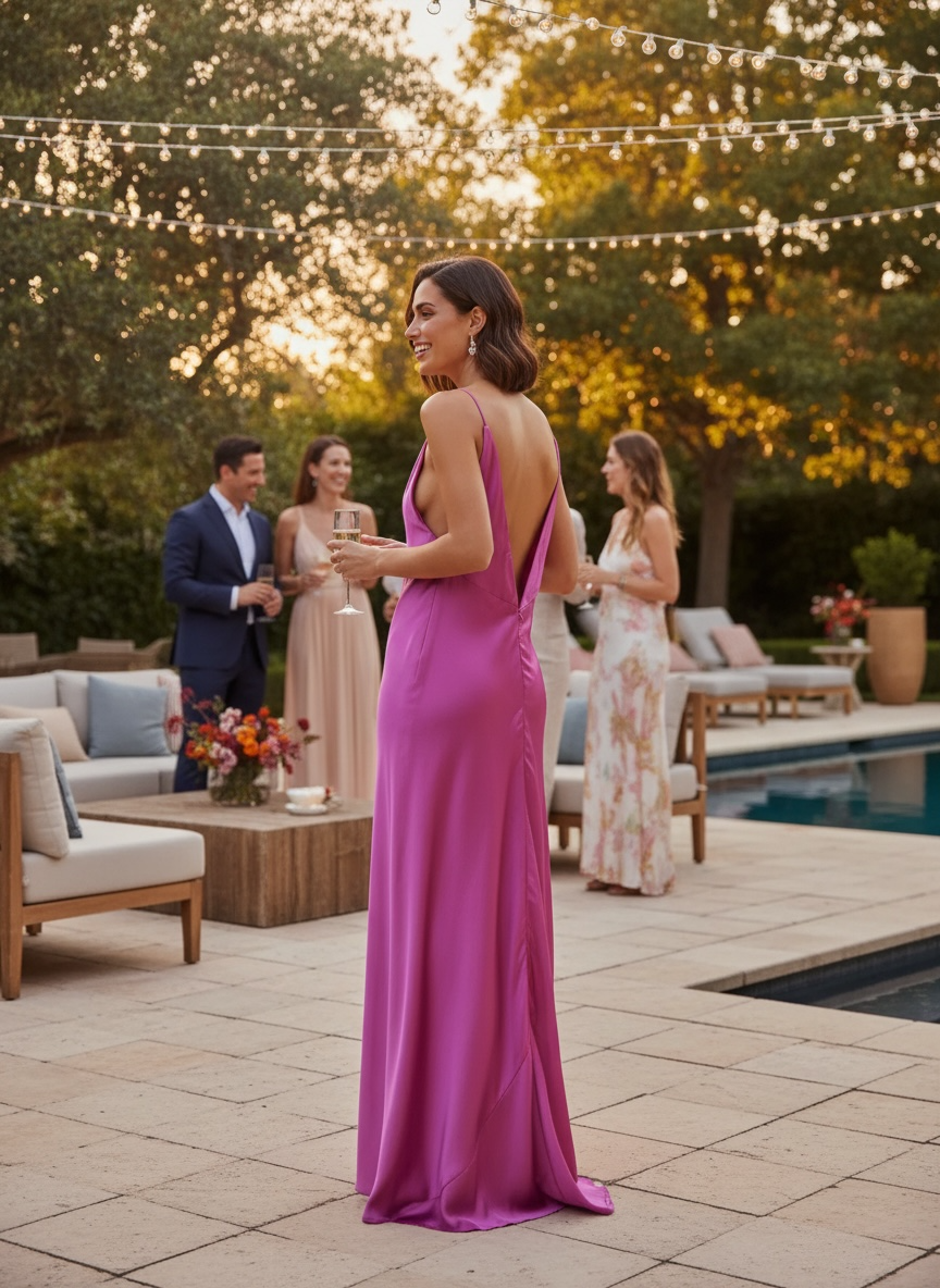 Italian Plunge Backless Maxi Dress Fuchsia