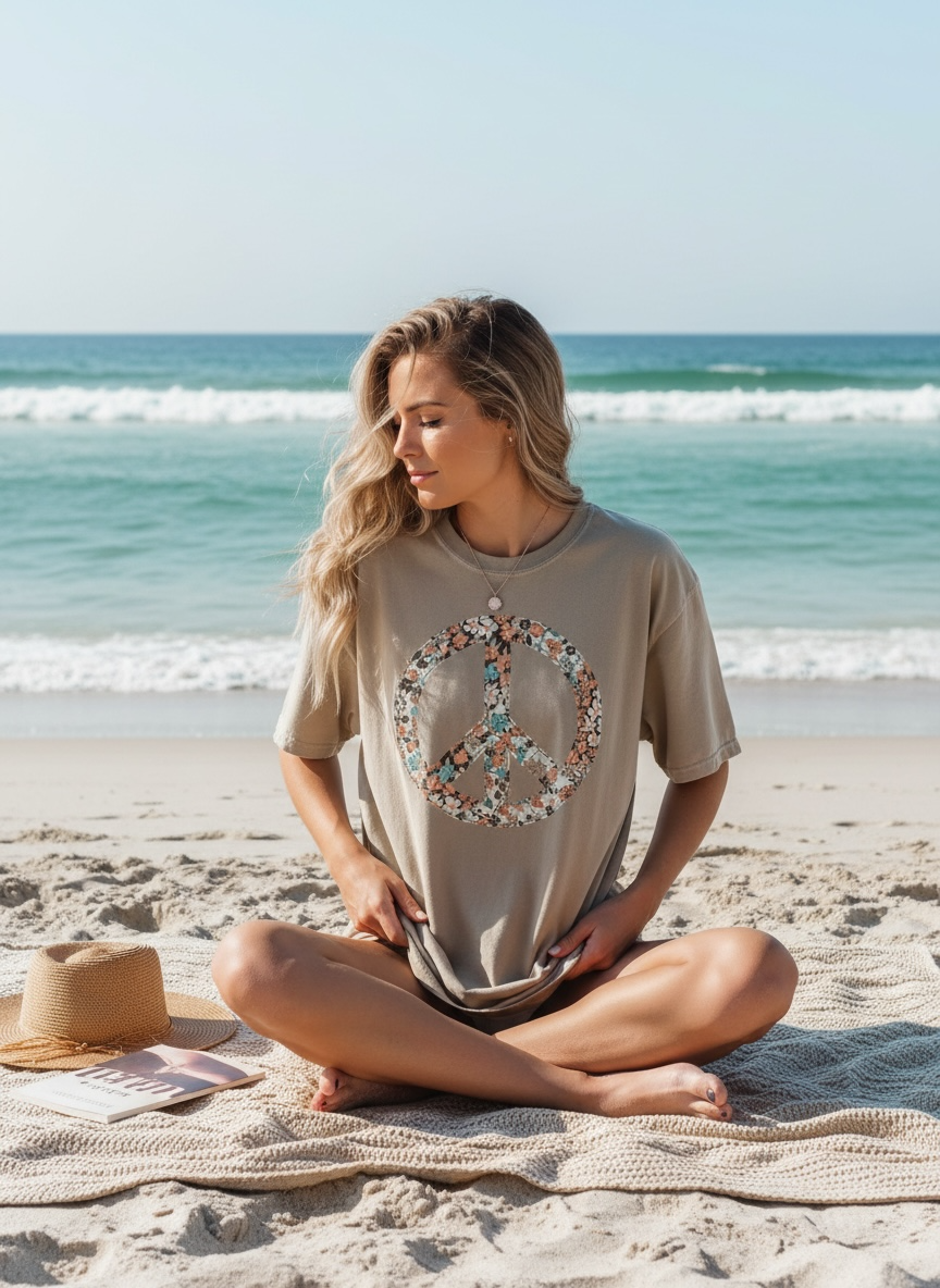 Peace Floral Quilted Oversized TShirt Dress in Tan