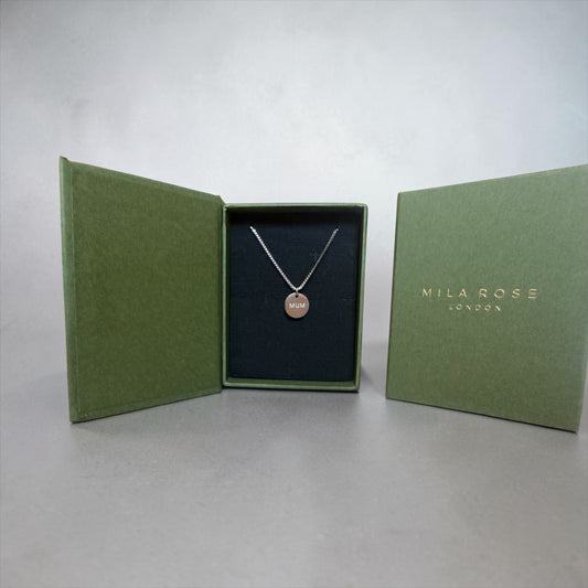 Mila Rose London Silver & Gold "MUM" Disc Pendant Necklace with Luxury Gift Box and Card