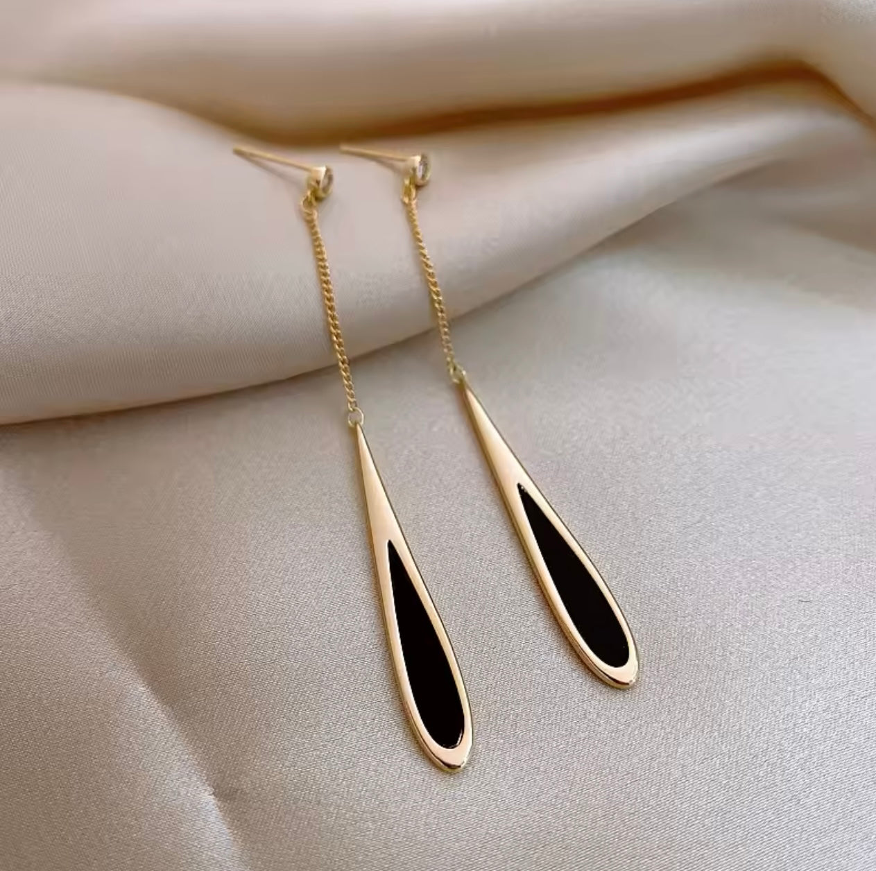 American Classic Black Drop Tassel Long Earrings in Gold