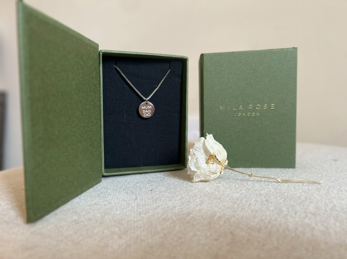 Mum & Dad Infinity Disc Pendant Necklace with Gift Box & Gift Bag in Silver or Gold