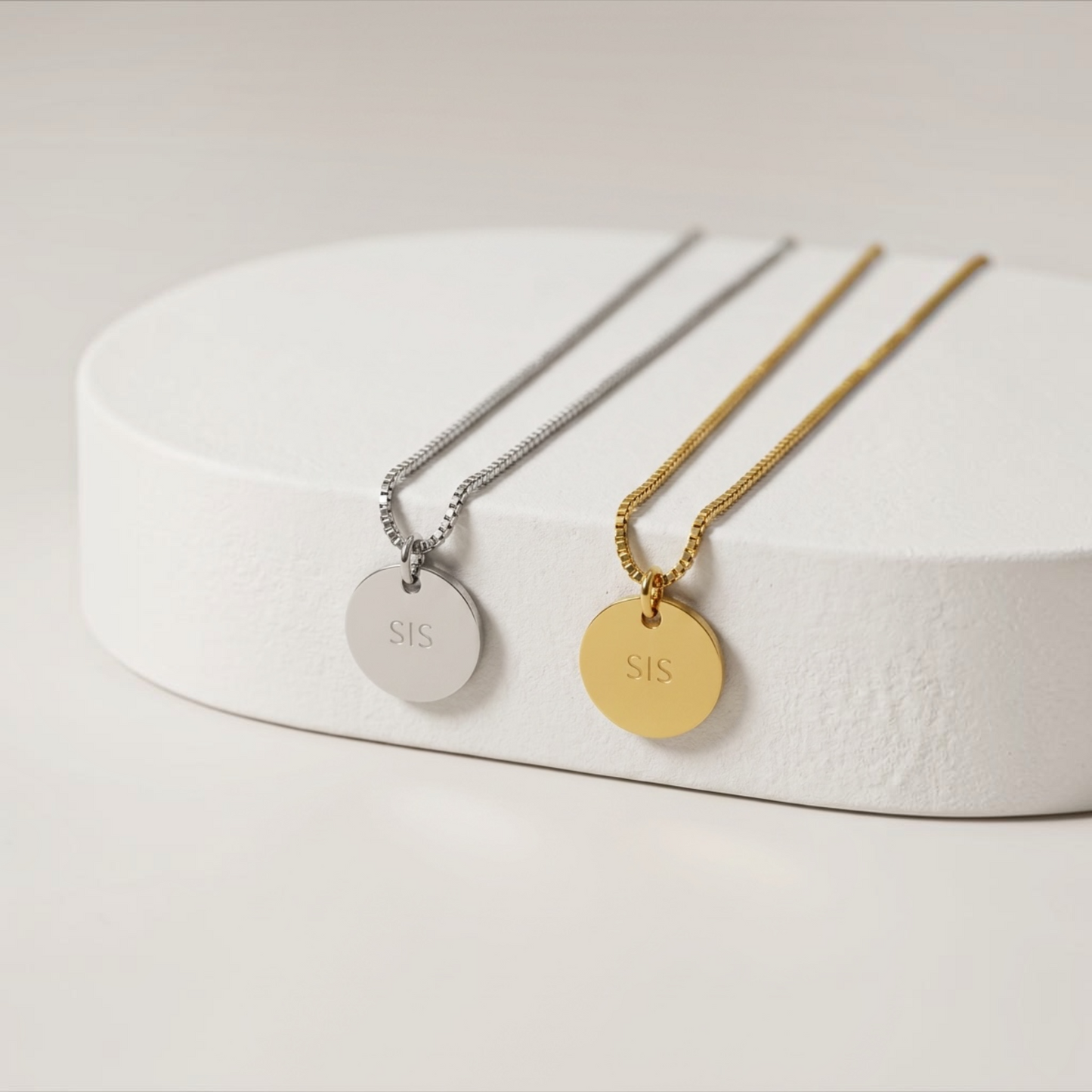 Sis Engraved Necklace in Silver & Gold with Jewellery Gift Box & Bag