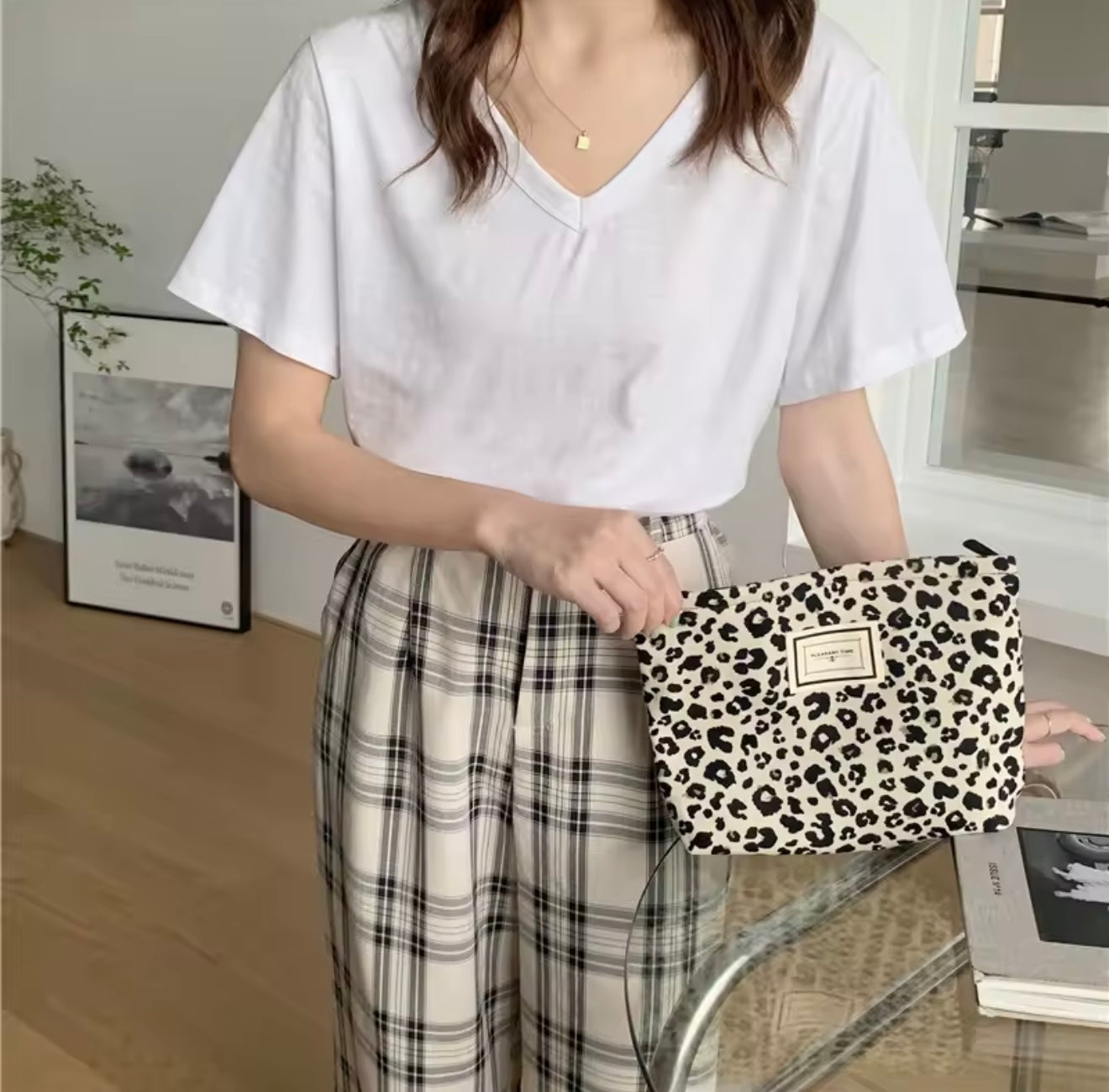 Cosmetic Makeup Pouch Black & White Leopard Print