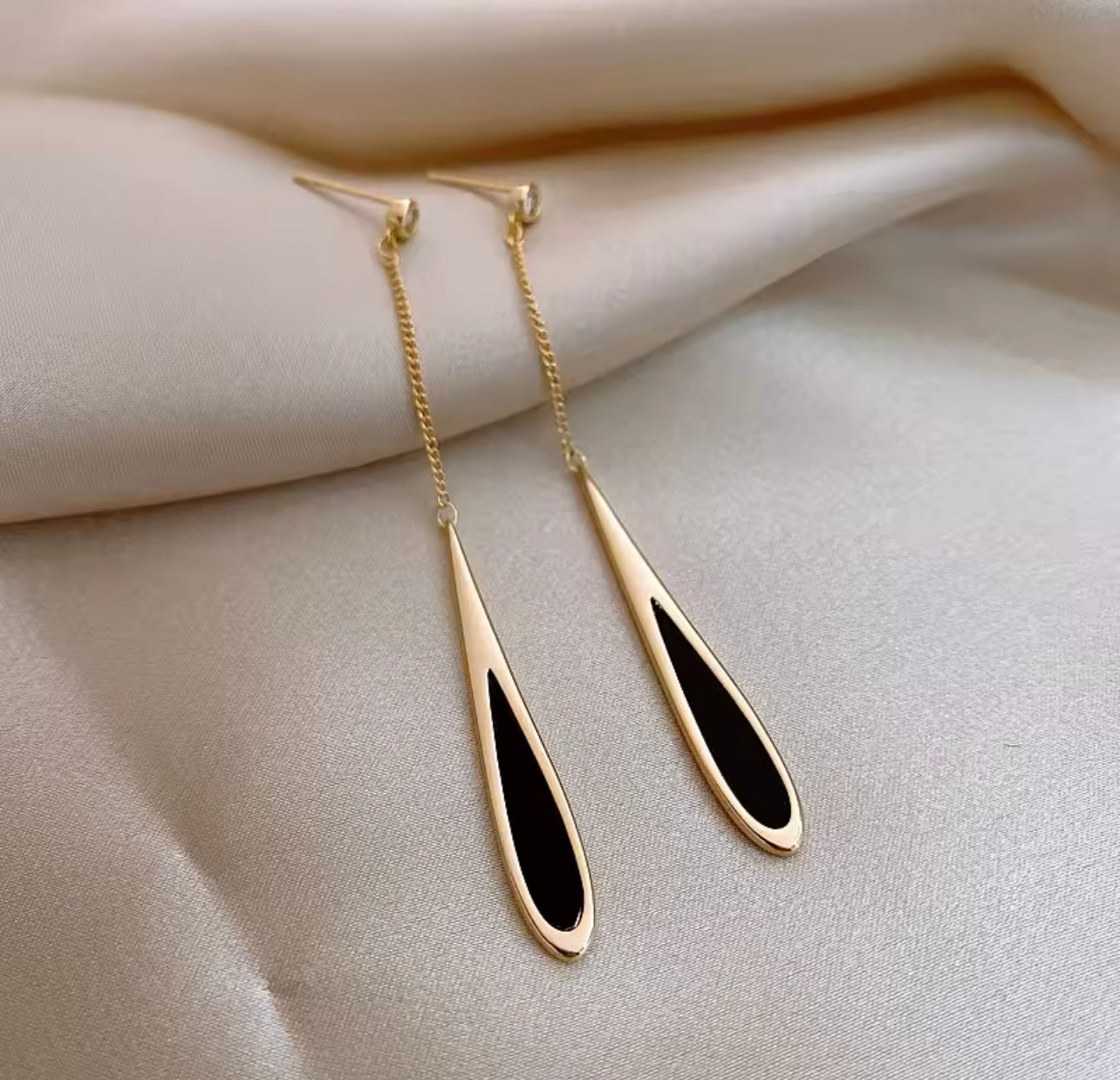 American Classic Black Drop Tassel Long Earrings in Gold