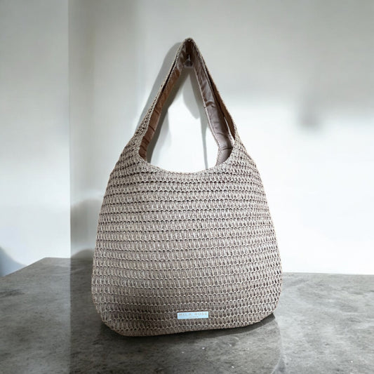 Elegant Large Capacity Summer Straw Shoulder Bag in sand with Zipped Compartment by Mila Rose London