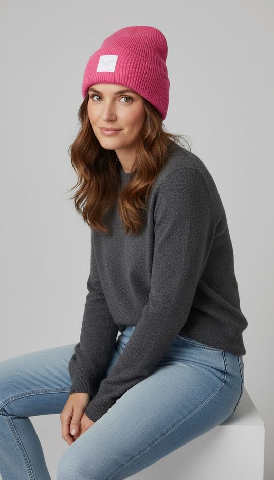 Mila Rose London Signature Patch Ribbed Knit Beanie – Rose Pink