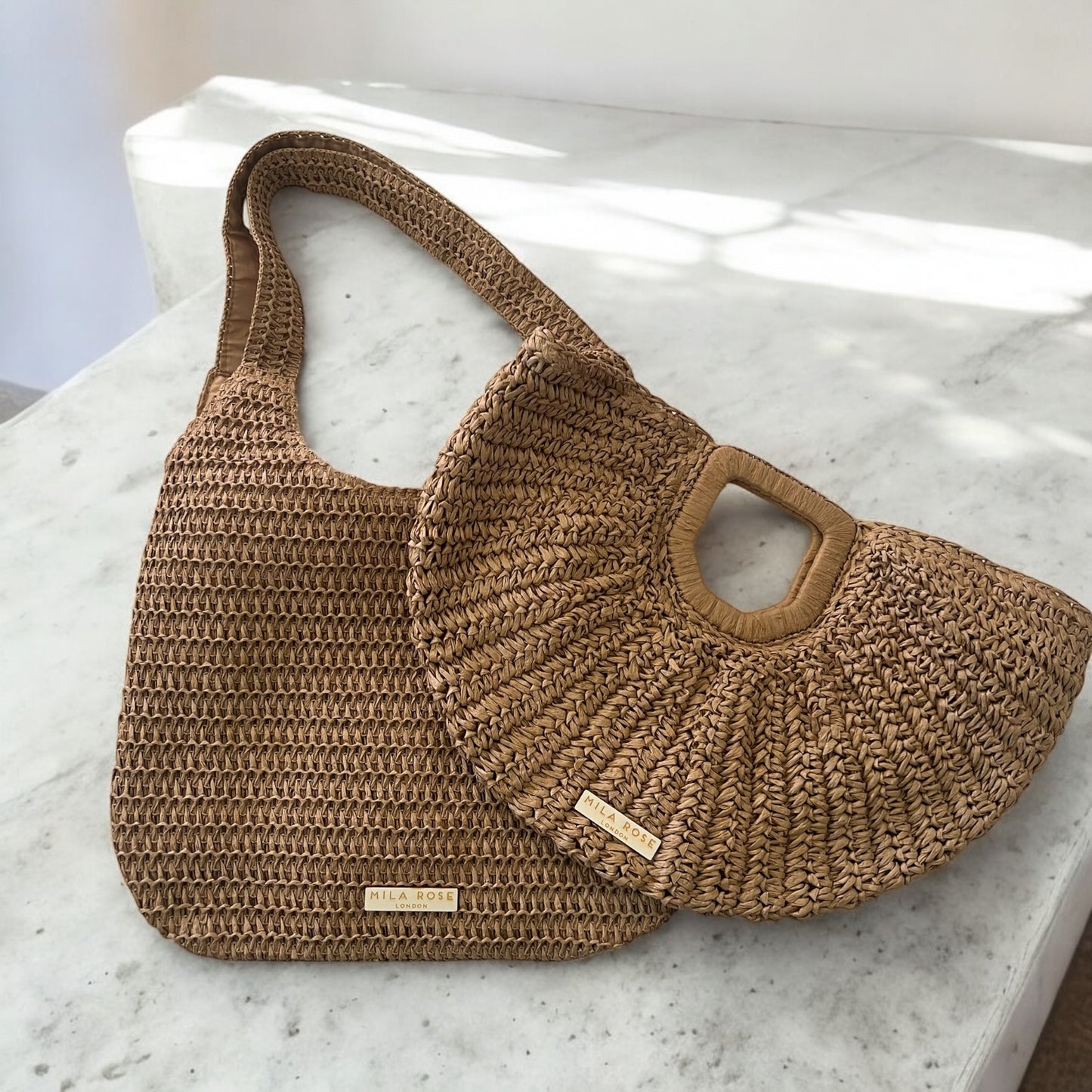 Elegant Large Capacity Summer Straw Shoulder Bag in sand with Zipped Compartment by Mila Rose London