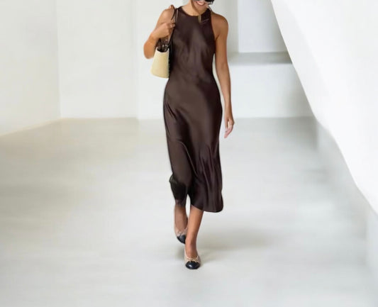 Alana Coffee Satin Brown Midi Sleeveless Dress with Round Neck Line