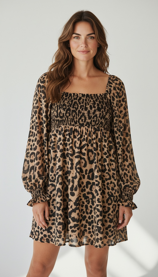 Leopard Print Smocked Long Sleeve Mini Dress – Square Neck Babydoll Dress