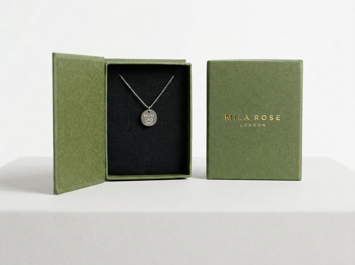 Mum & Dad Infinity Disc Pendant Necklace with Gift Box & Gift Bag in Silver or Gold