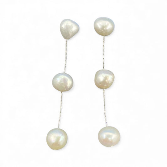 Three Drop Pearl Earrings in Silver