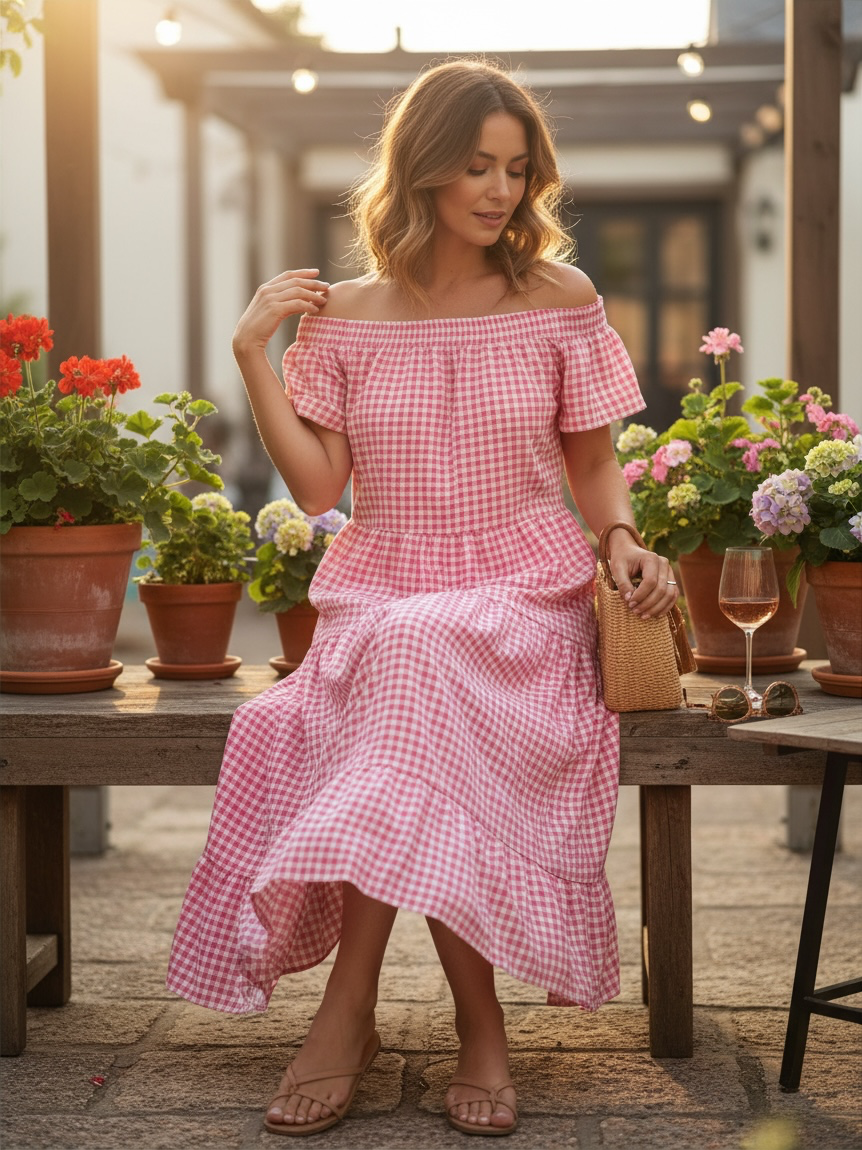 Pink Gingham Off-The-Shoulder Tiered Midi Dress – Smocked Ruffle Sun Dress