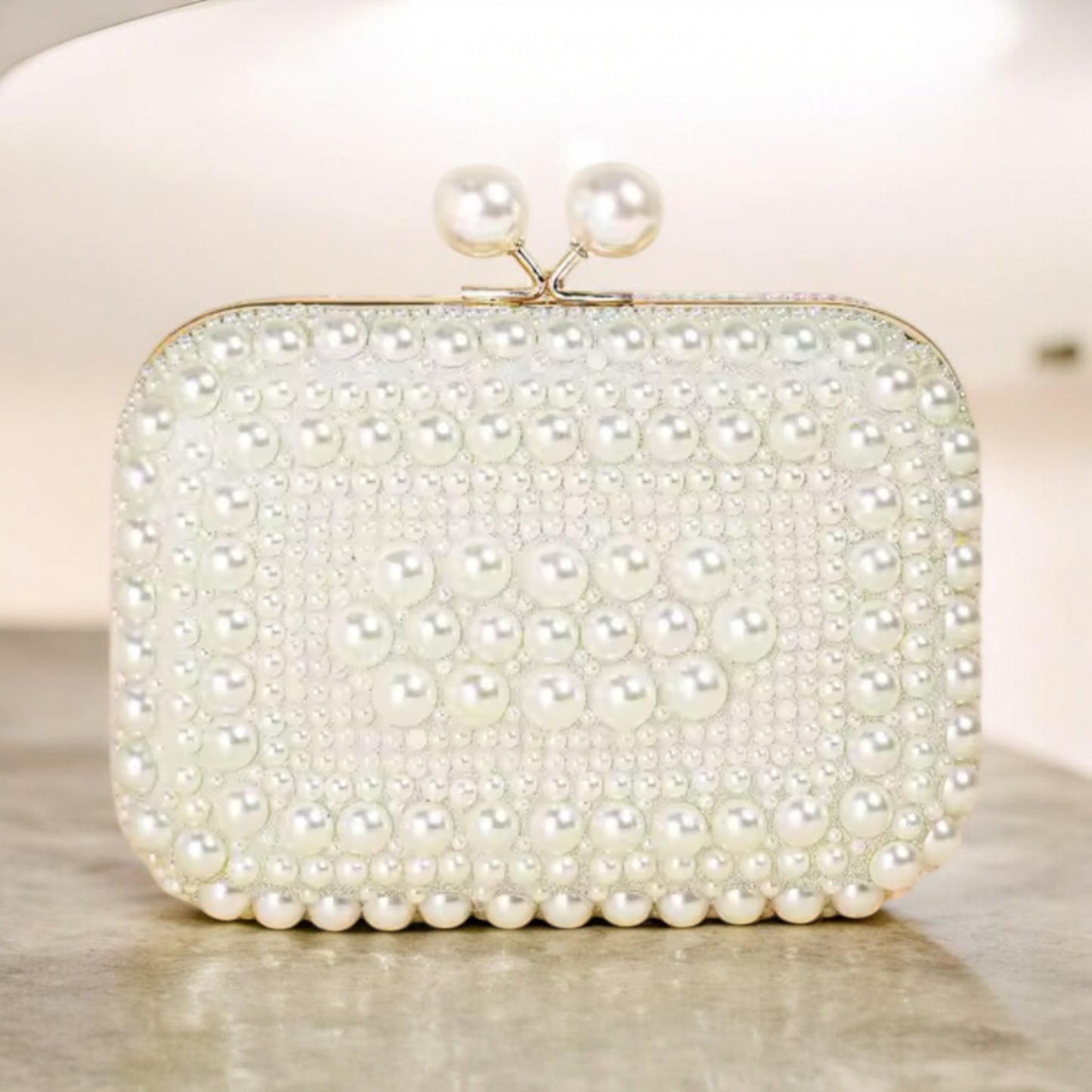 Opulent Pearl Beaded Kiss Lock White Suede Clutch Bag with All-Over Pearl Embellishment