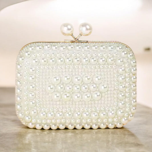 Opulent Pearl Beaded Kiss Lock White Suede Clutch Bag with All-Over Pearl Embellishment