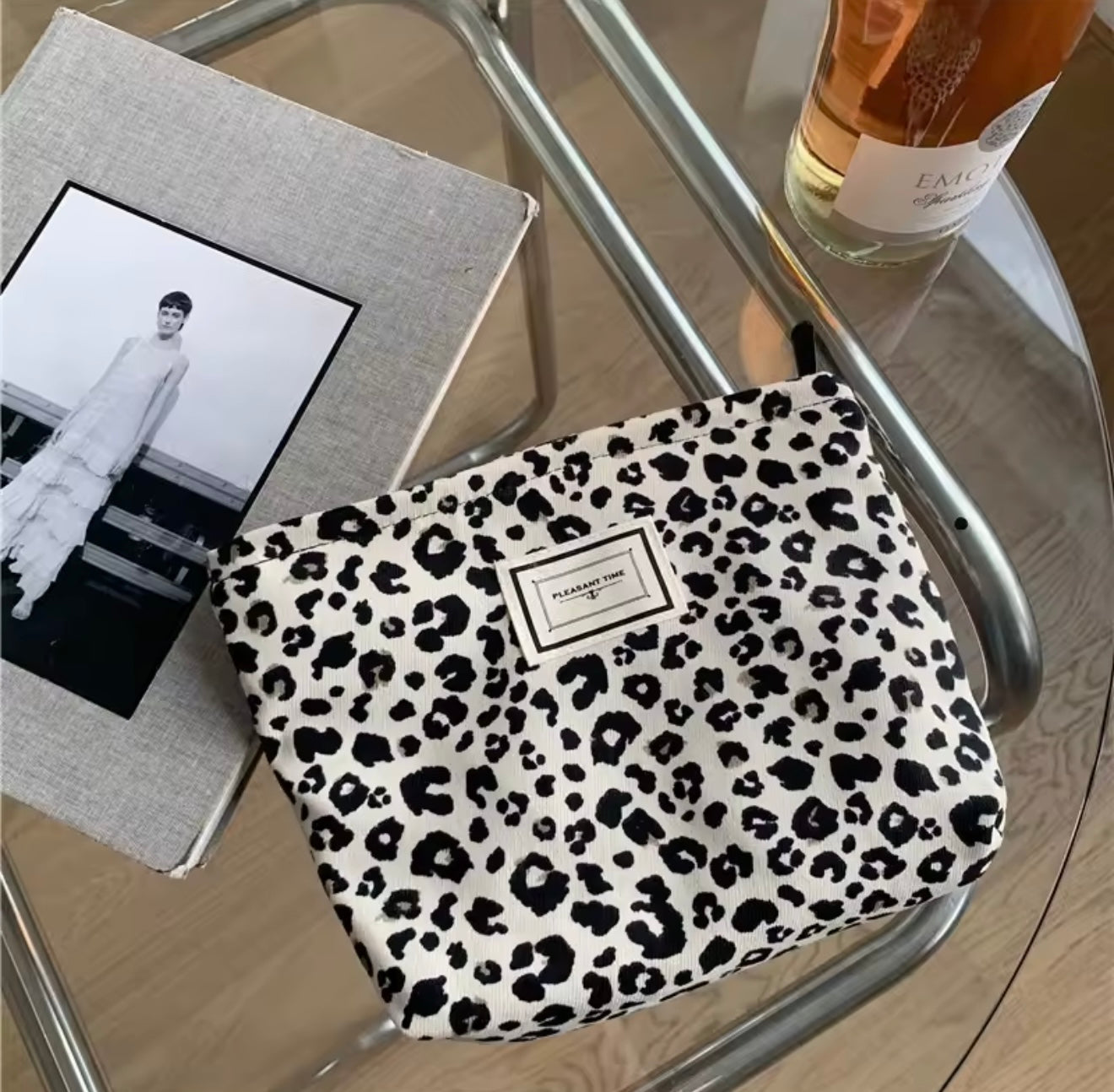Cosmetic Makeup Pouch Black & White Leopard Print