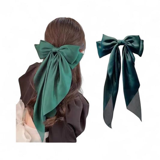 Christmas Green Satin Hairband Bow with Clip
