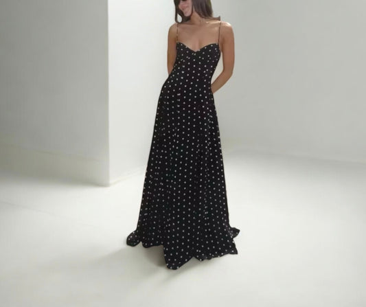 Polka Dot Printed Spaghetti Strap High-waist A-line Maxi Dresses