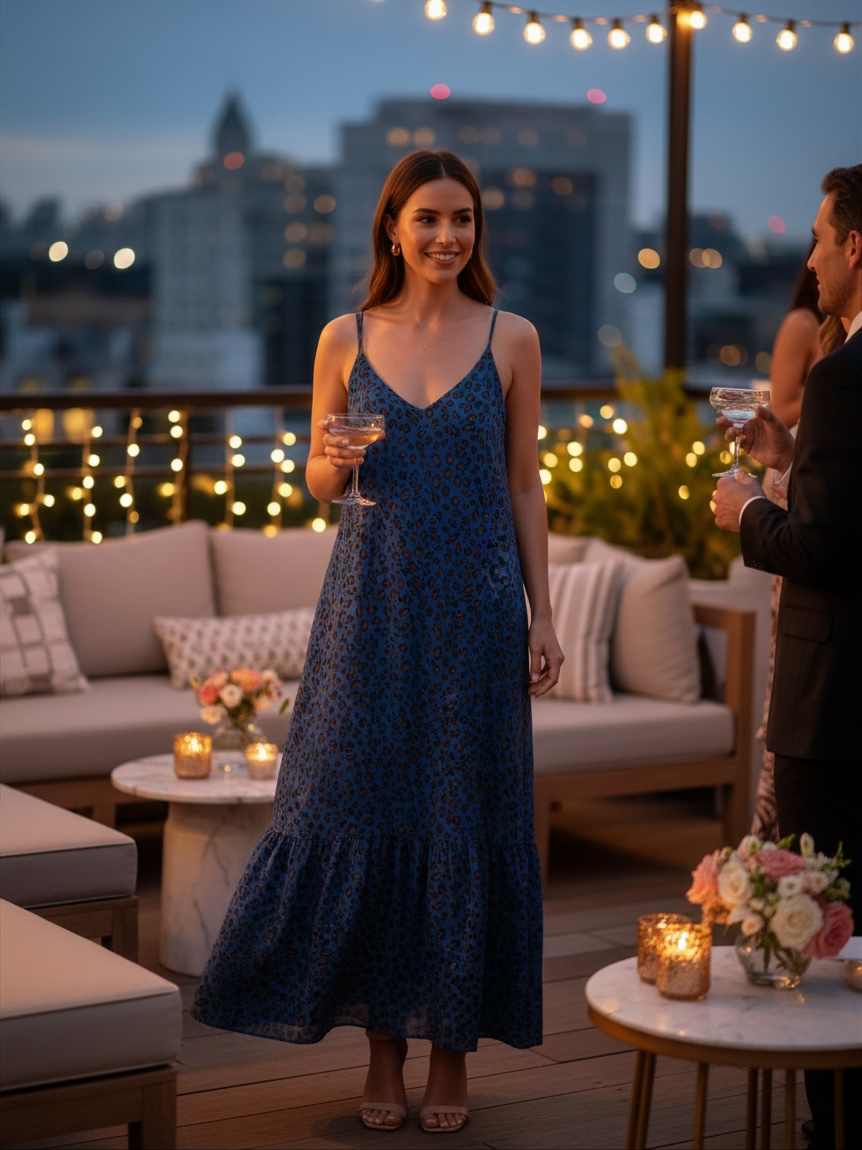 Blue Leopard Print V-Neck Tiered Cami Maxi Dress