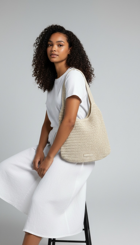 Mila Rose London Woven Straw Shoulder Tote Bag in Cream