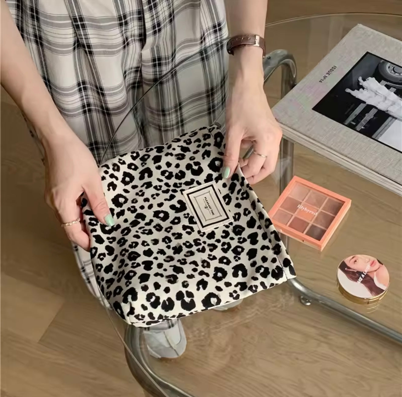 Cosmetic Makeup Pouch Black & White Leopard Print