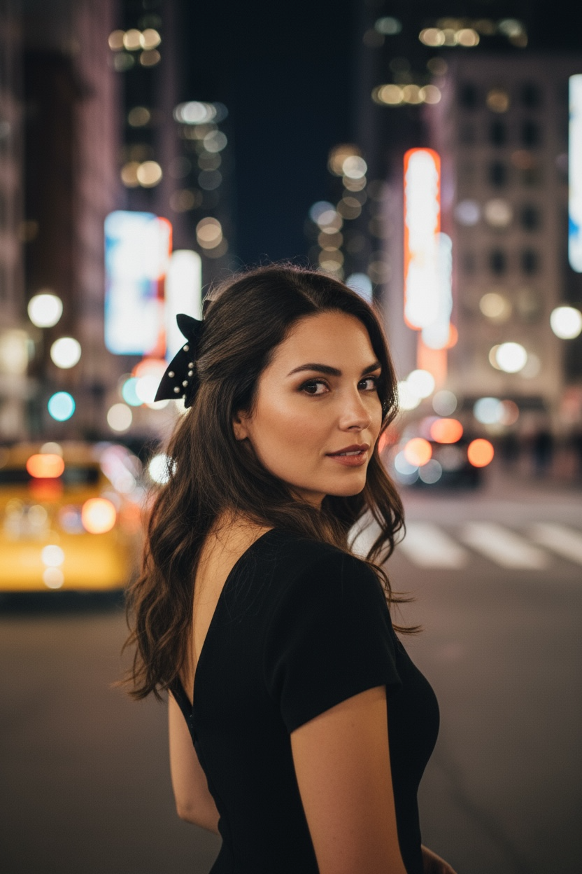 Velvet Black with Pearls Ribbon Bow Hair Clip Christmas Gifting