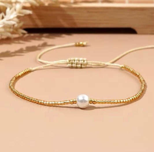 Gold Boho Tie Up Single Pearl Bracelet