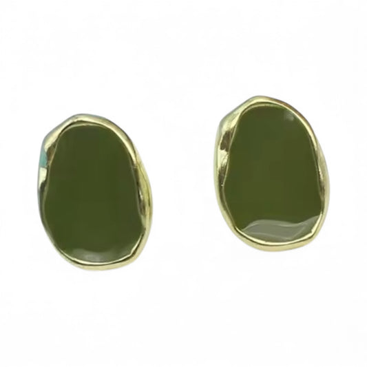 Green & Gold Geometric Bean Stud Earrings