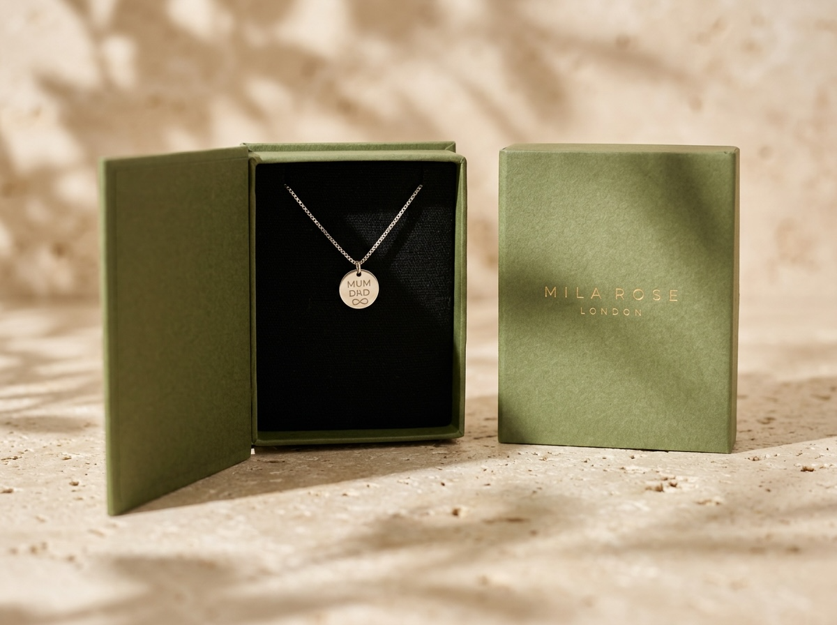 Mum & Dad Infinity Disc Pendant Necklace with Gift Box & Gift Bag in Silver or Gold