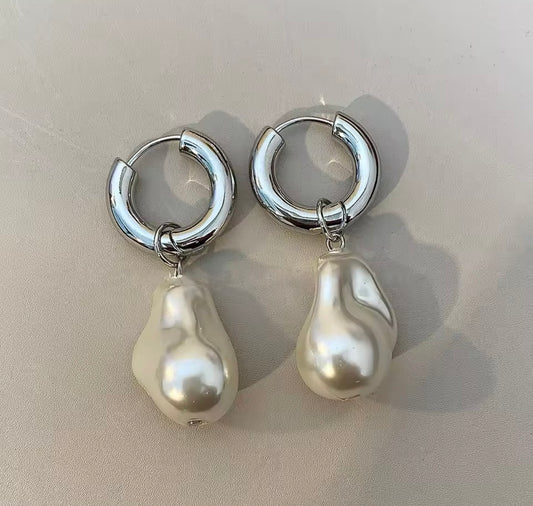 Pearl & Silver French Retro Elegant Pearl Hoop Design Drop Earrings