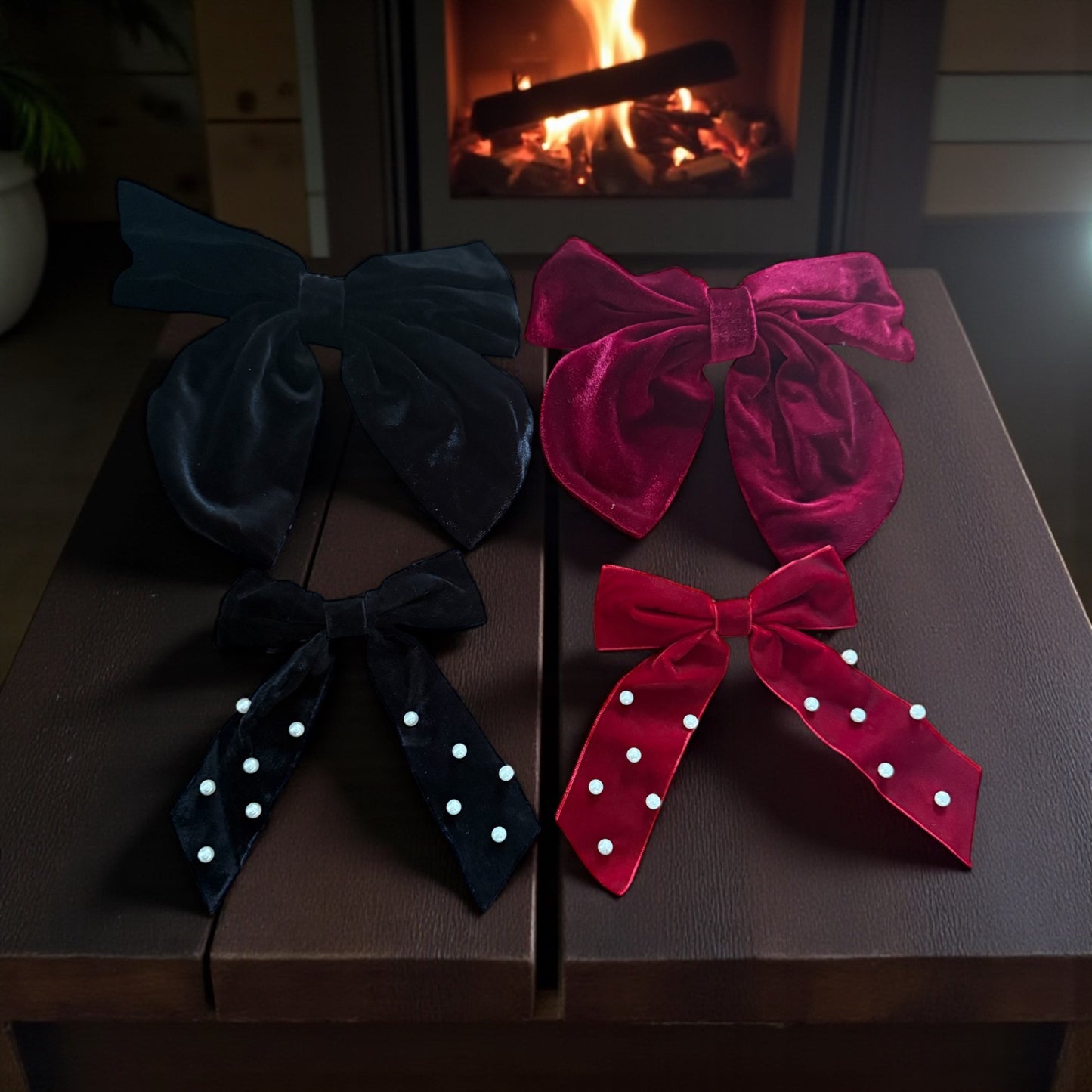 Velvet Black with Pearls Ribbon Bow Hair Clip Christmas Gifting