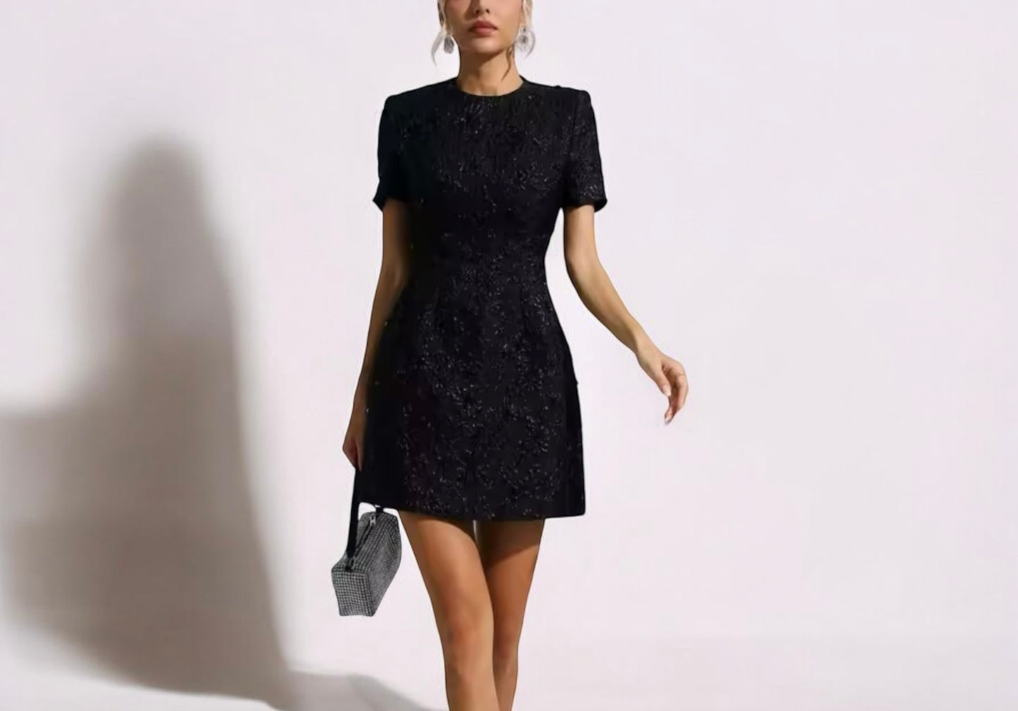 Audrey Round Neck Fitted Mini Dress with Waist & Pattern Detail