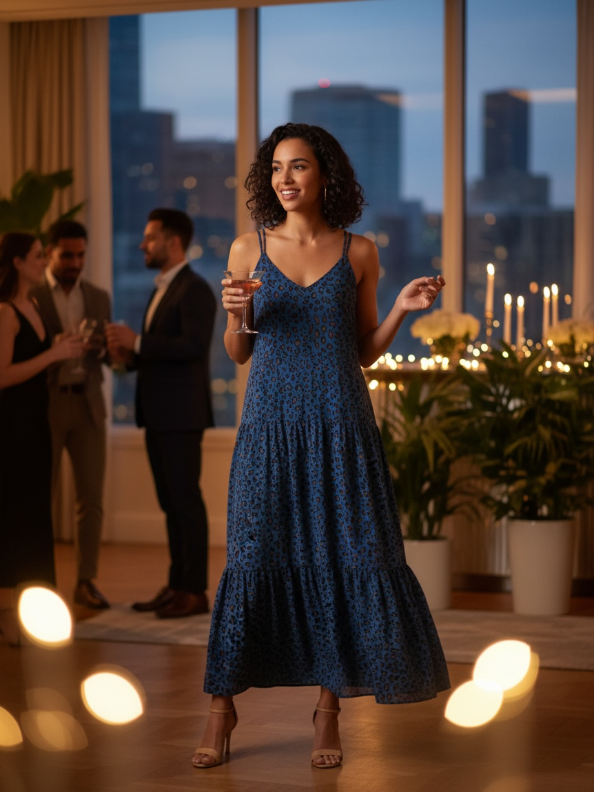 Blue Leopard Print V-Neck Tiered Cami Maxi Dress