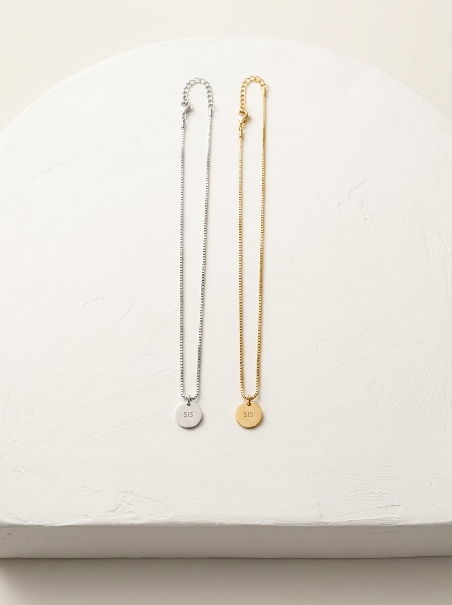Sis Engraved Necklace in Silver & Gold with Jewellery Gift Box & Bag