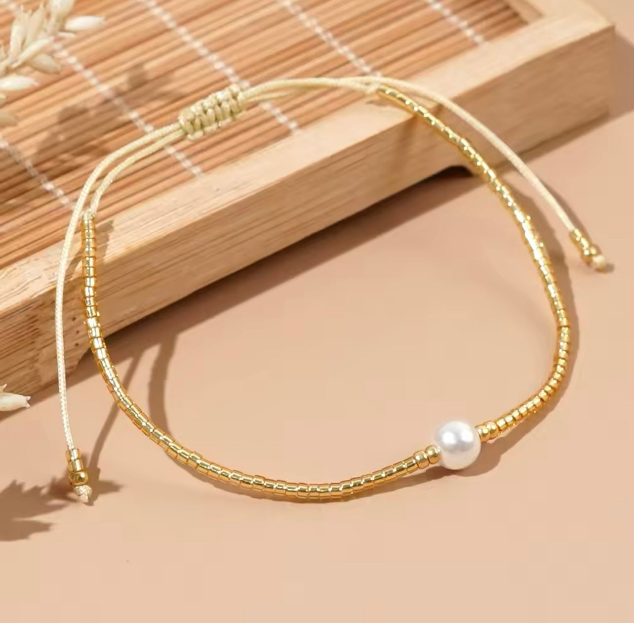 Gold Boho Tie Up Single Pearl Bracelet