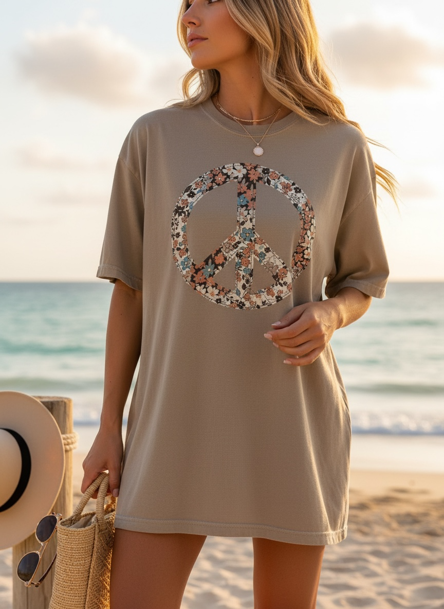 Peace Floral Quilted Oversized TShirt Dress in Tan