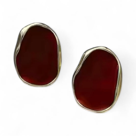 Red & Gold Geometric Bean Stud Earrings