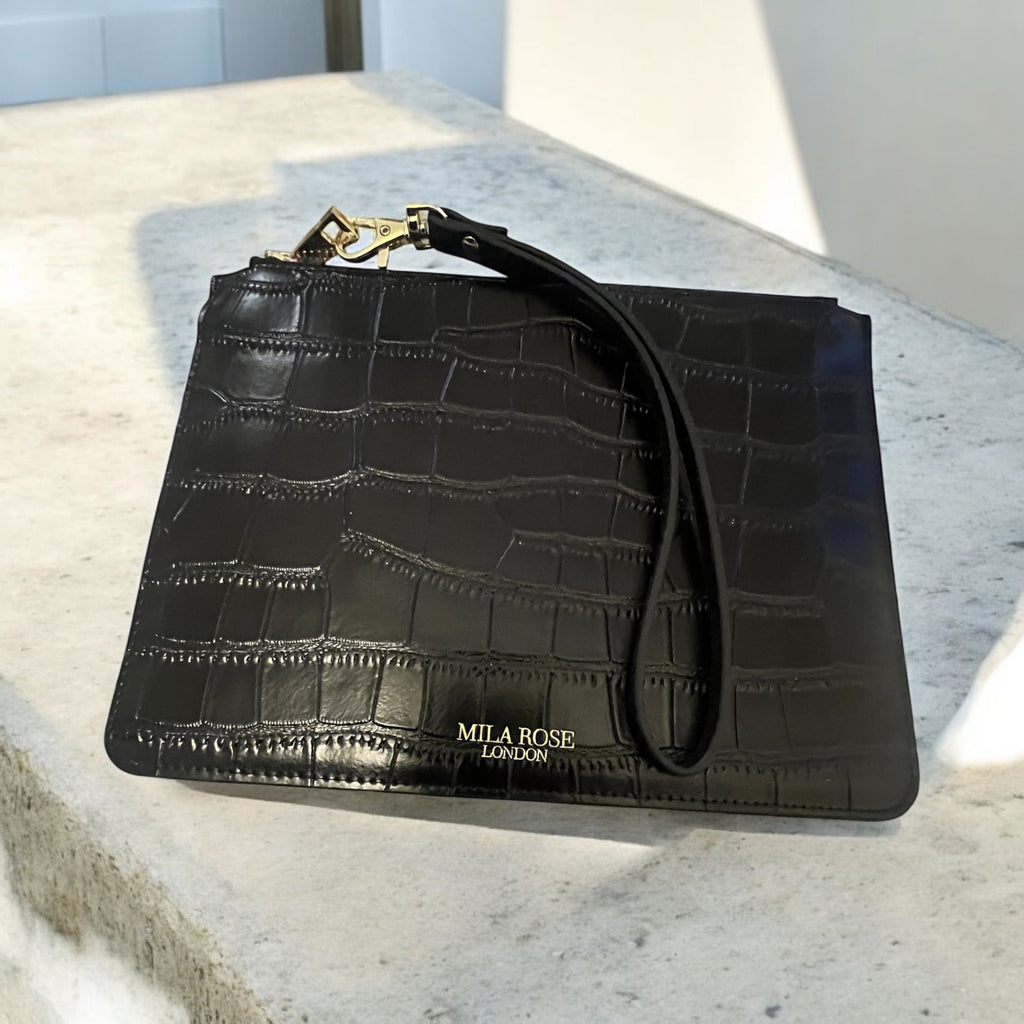 Leather Clutch Bag with Detachable Wrist Strap