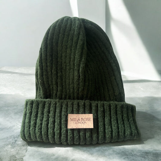 Mila Rose London Winter Beanie Racing Green with Vegan Cork Leather Embossed Logo