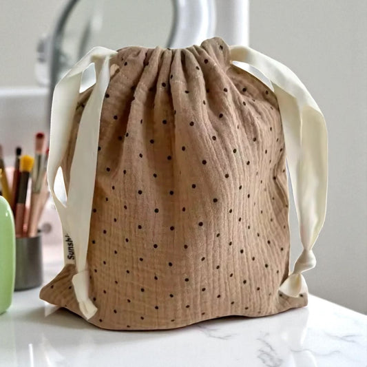 Cosmetic Drawstring Pouch Brown Pokka Dot