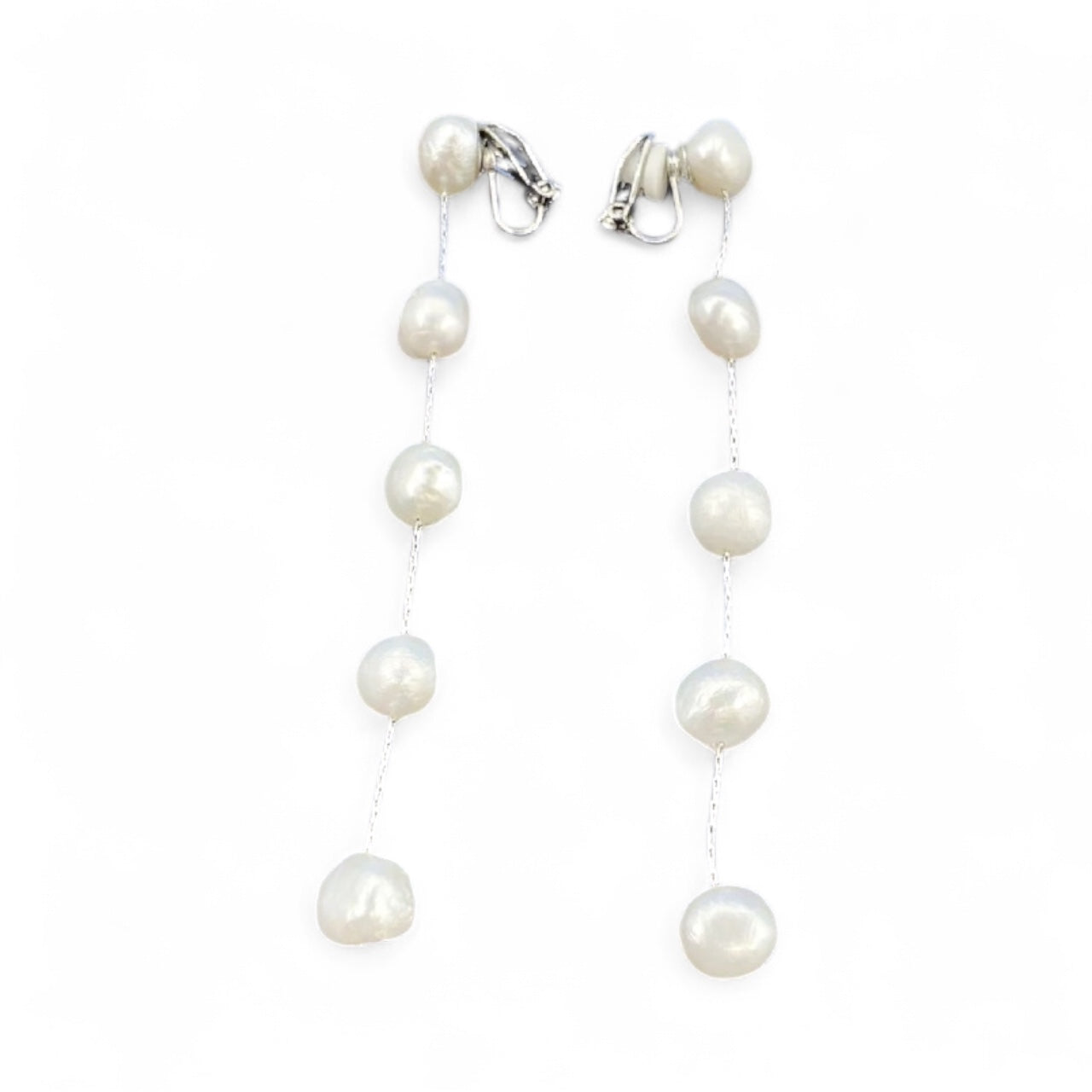 Five Pearl Drop Clip In Earrings in Gold