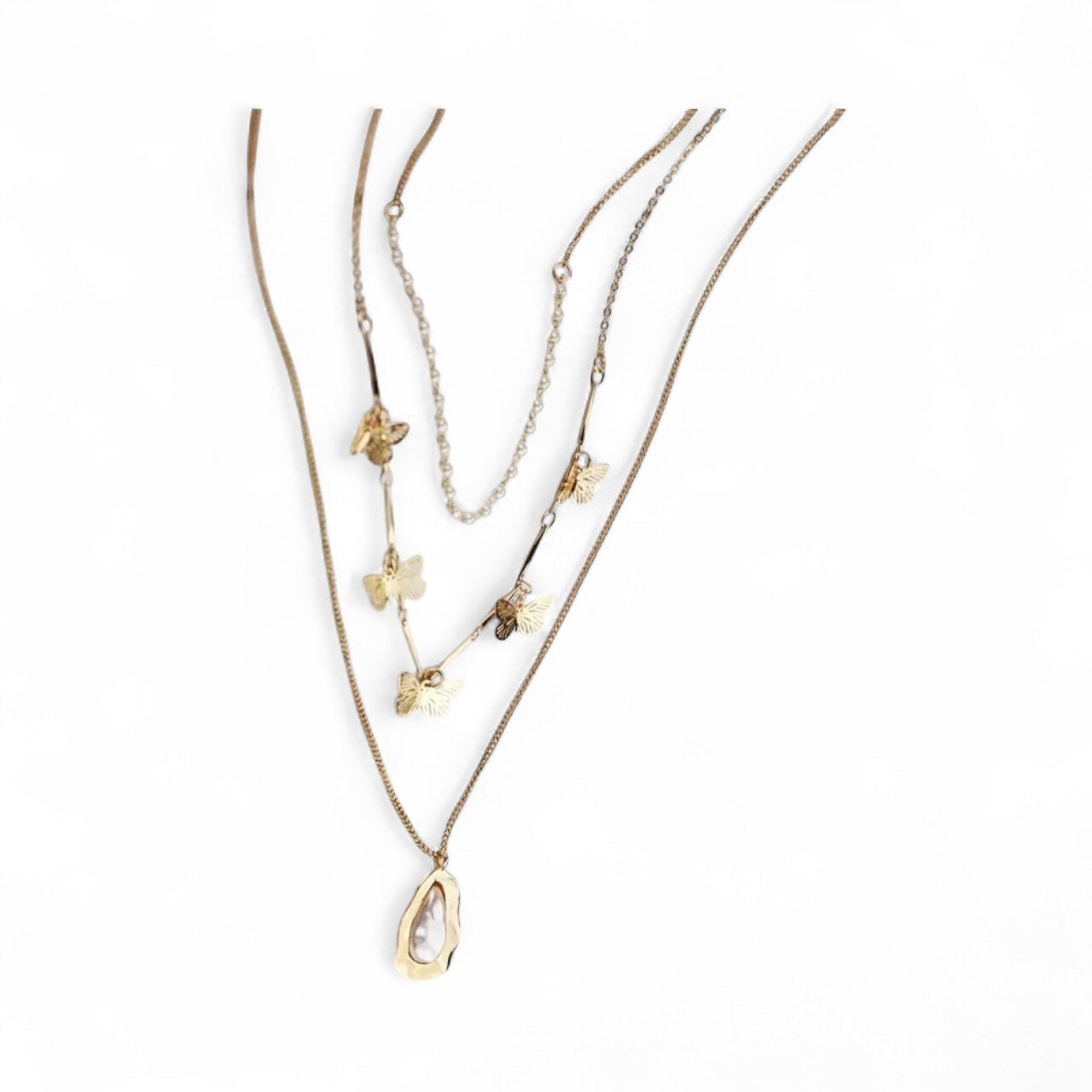Gold Layered  Butterfly, Pearl & Baroque Necklace