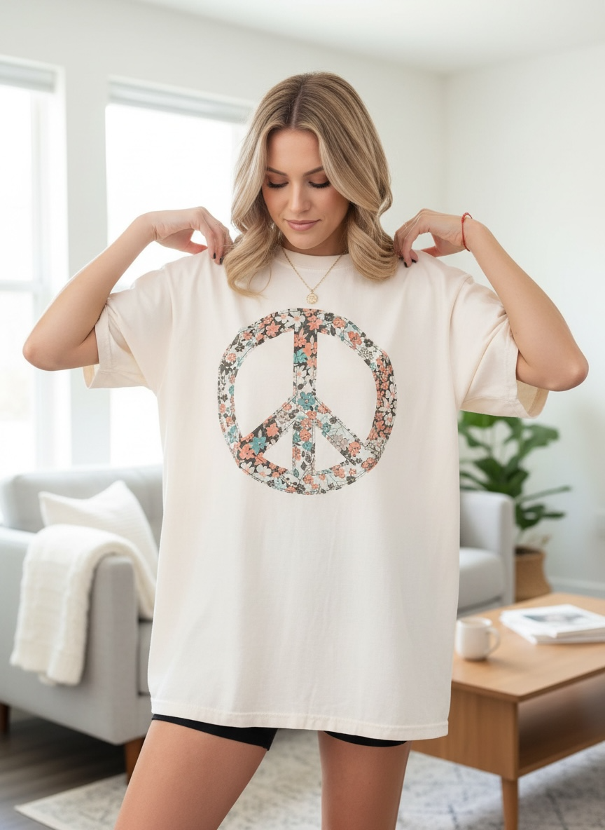 Peace Floral Quilted Oversized T Shirt Dress