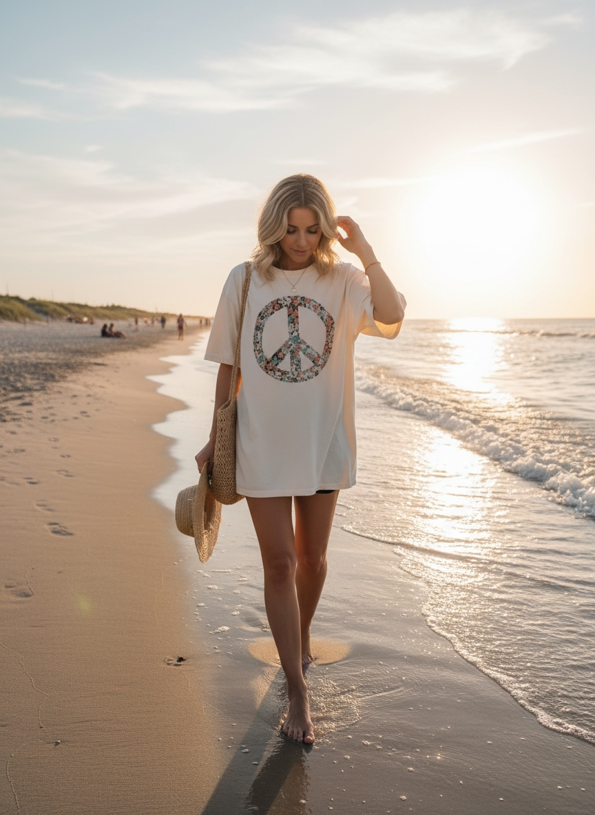 Peace Floral Quilted Oversized T Shirt Dress