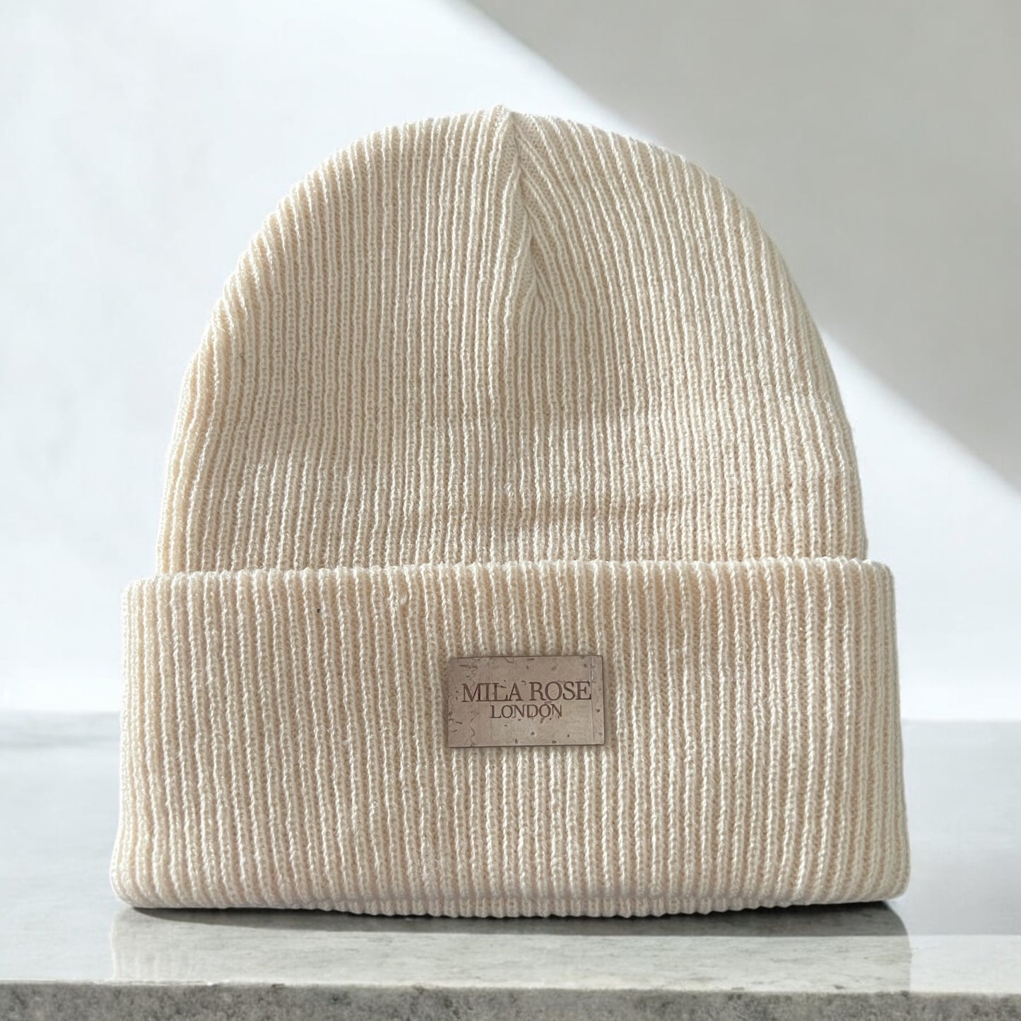 Mila Rose London Winter Beanie Hat Off White Cream with Vegan Cork Leather Embossed Logo (Copy)