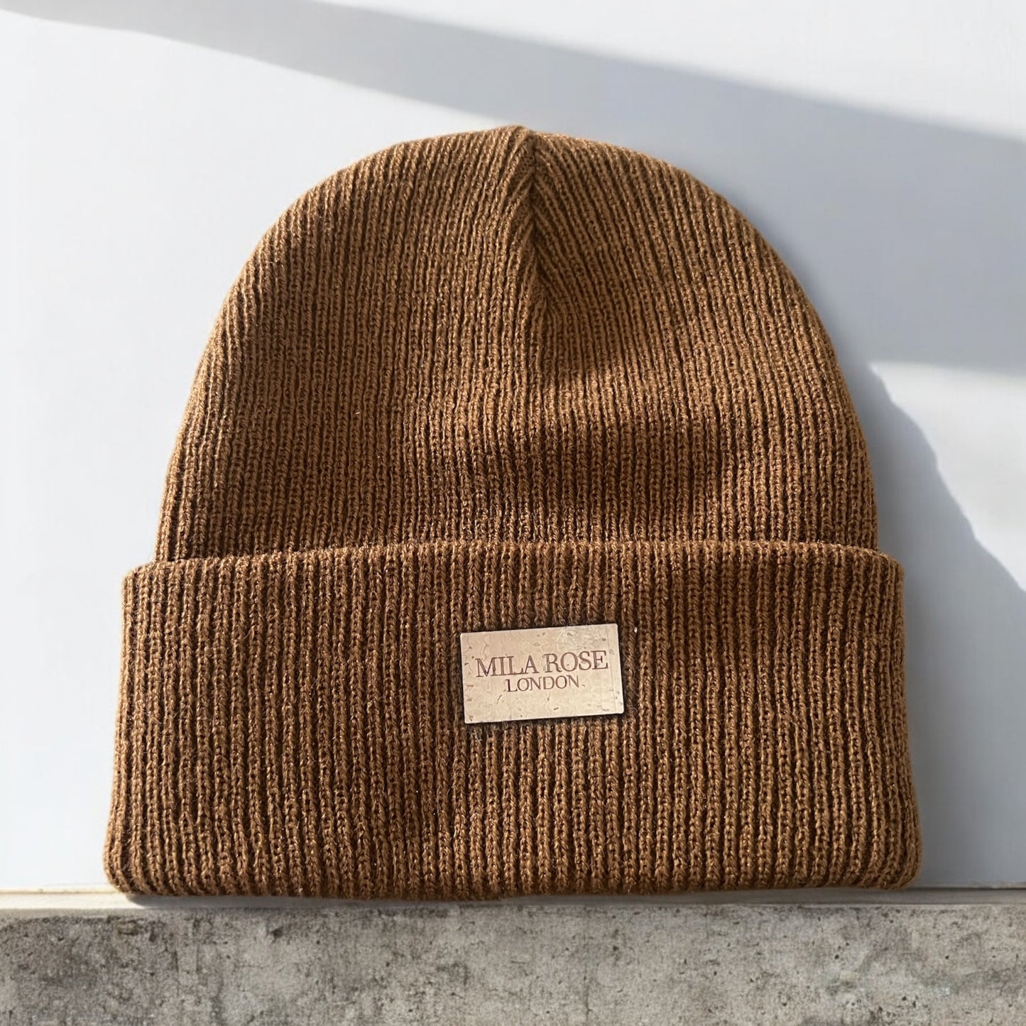 Mila Rose London Winter Beanie Hat Coffee Brown with Vegan Cork Leather Embossed Logo