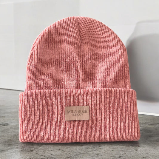 Mila Rose London Winter Beanie Hat Dusky Pink with Vegan Cork Leather Embossed Logo