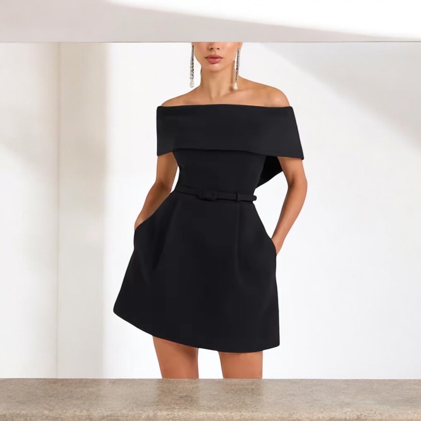 Madeline Mini Off Shoulder Backless Dress with Pockets & Detachable Belt