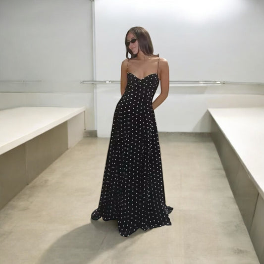 Polka Dot Printed Spaghetti Strap High-waist A-line Maxi Dresses