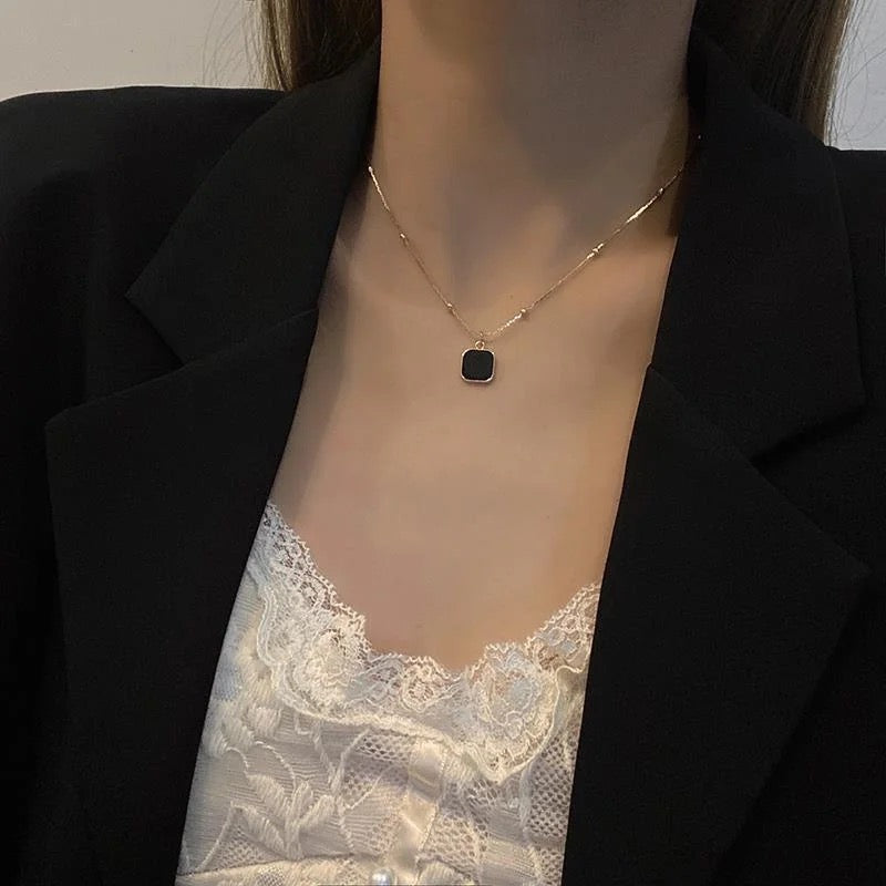 Black Square Pendant Minimalist Gold Necklace